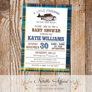 Blues and Greens plaid Vintage Fish Little Fisherman baby shower invitation - fishing baby shower - boy baby shower - no color changes