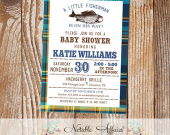 Blues and Greens plaid Vintage Fish Little Fisherman baby shower invitation - fishing baby shower - boy baby shower - no color changes