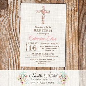 Light Pink Modern Floral Cross Christening Invitation Baptism - Girl Baptism invitation - Communion Dedication - no color changes