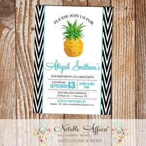 Black White Side Chevron Turquoise Pineapple Birthday Party Invitation - choose your two accent colors as desired