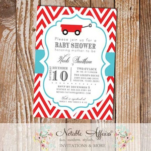 Red Chevron and Turquoise Little Red Wagon Baby Shower Gender Reveal Party Bridal Shower Couples Shower or Birthday Invitation