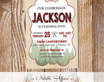 Lumberjack Camping Birthday Invitation - Vintage Brown Linen and Trees Background - any age - Ax Lumberjack Plaid Birthday Invitation