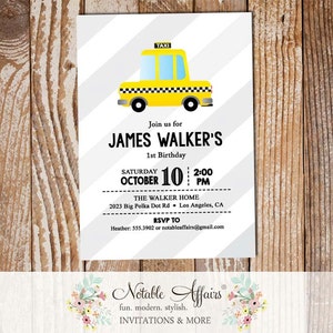 Black Yellow Taxi Cab Taxi Car on Gray Diagonal Stripes Birthday Party Baby Shower invitation - Taxi baby shower birthday party - any age