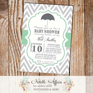Gray Chevron Mint Umbrella Baby Shower Gender Reveal Party Bridal Shower Couples Shower or Birthday Invitation