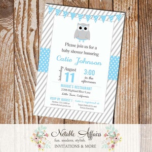 Gray and Ice Blue Owl Bunting 2 Baby Shower Birthday or Gender Reveal Invitation - colors and wording can be changed