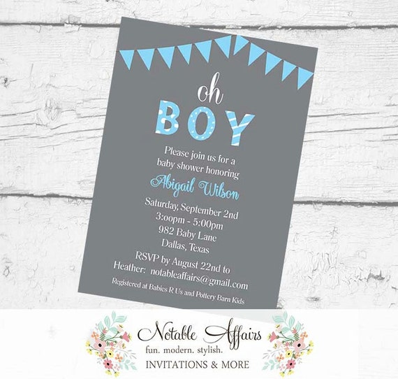 Oh Boy Bunting Baby Shower Polka Dots Stripes Invitation 60 Gray