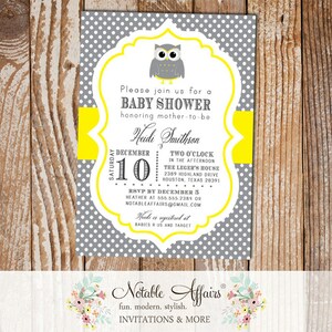 Dark Gray Charcoal and Yellow Mustard Owl Polka Dot Modern Baby Shower Birthday Bridal Shower Invitation