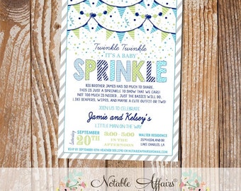 Baby Boy Baby Sprinkle invitation with diagonal stripes plaid polka dots and bunting - blue gray light green - no color changes