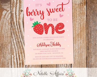 Strawberry Pink Red one berry sweet birthday party invitation - 1st first birthday invite - no color changes