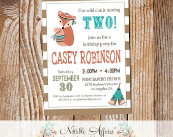 Wild One Tribal Woodland Fox Modern Birthday Invitation on stripes - Brave little one Indian Birthday invite - no color changes - any age