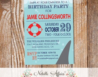 Navy and Red Shark Lifeguard Under the Sea Pool Party Birthday invitation - Swim at your own risk - any age - choose two text accent colors