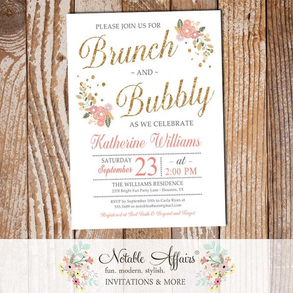 Brunch and Bubbly Mimosas Floral Bridal Shower Brunch Invitation - Baby Shower, Couples Shower, etc - Brunch and Bubbly Flowers invite