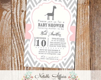 Gray and Blush Light Pink Chevron with Giraffe Modern Girl Baby Shower Invitation - birthday party, baby shower, couples shower, etc