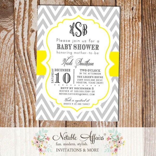 Gray and Yellow Chevron Monogram Baby Shower, Bridal Shower, Birthday, etc. - colors can be changed
