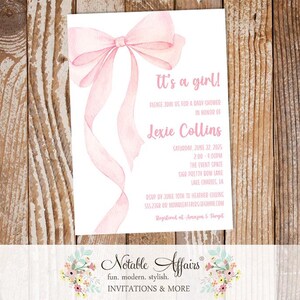 Watercolor Pink Bow Baby Shower Sprinkle shabby chic Birthday invitation - coquette bow invite - no color changes