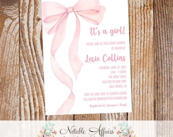 Watercolor Pink Bow Baby Shower Sprinkle shabby chic Birthday invitation - coquette bow invite - no color changes