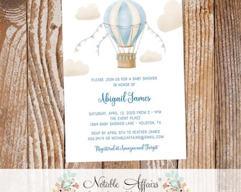 Watercolor Blue Hot Air Balloon Clouds Baby Shower Invite - Up up and away birthday or baby shower invitation - choose your own wording