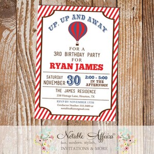 Red Stripes and Light Navy Hot Air Balloon Birthday invitation on Kraft background - any age - Hot Air Balloon ticket style invite