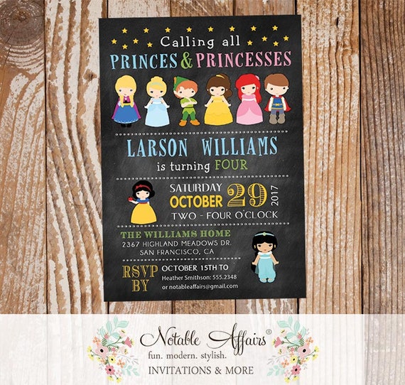 Modern Disney Characters Chalkboard and Stars Birthday Invitation - Calling all Princes and Princesses Birthday Party Invite Il_570xn