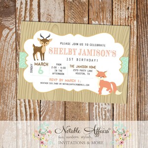Modern Fox Deer Woodland Animals invitation on faux wood grain background - only mint color can be changed - Woodland Animals Birthday