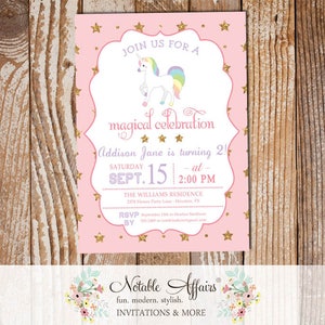 Light Pink Gold glitter unicorn stars pastel invitation unicorn birthday any age magical unicorn birthday choose 5 colors image 1