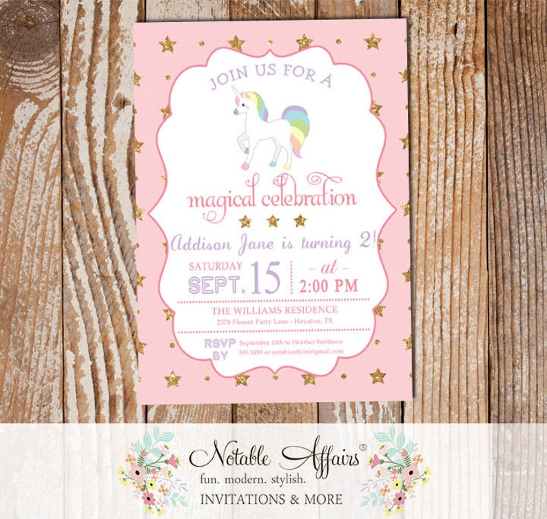 Light Pink Gold glitter unicorn stars pastel invitation unicorn birthday any age magical unicorn birthday choose 5 colors image 1