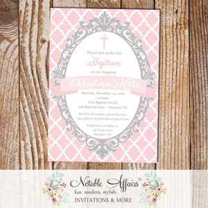 Light Pink and Gray Quatrefoil Ornate Christening Invitation Baptism - Girl Baptism invitation - Communion Dedication - choose two colors