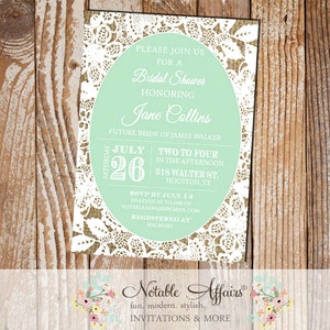 Burlap and Lace Circle Shower invitation - choose wording - Baby Shower, Bridal Shower, Couples Shower etc - mint color can be changed
