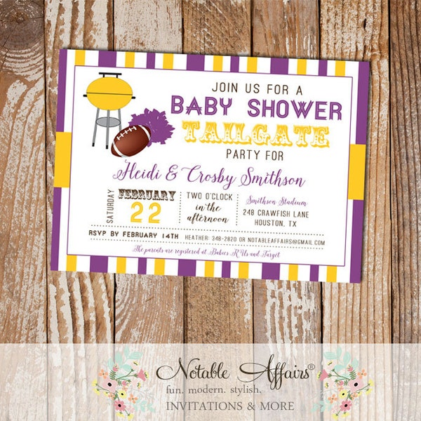 Dark Purple and Deep Yellow Football Tailgate Baby Shower Invitation - choose your 2 colors - LSU Baby Shower Tailgate Party