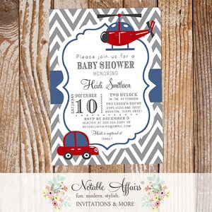 Gray and Navy Blue Chevron Helicopter and Vintage Retro Car Baby Shower or Birthday Invitation  - mode of transportation shower party