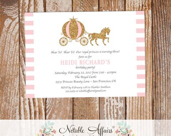 Princess Light Pink Gold Glitter horizontal - princess cinderella birthday invitation - choose your two colors