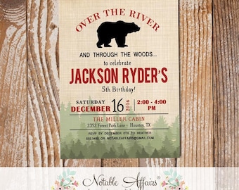 Over the River Through the Woods Bear Birthday Invitation - Vintage Trees Background - any age - Bear Birthday Invitation - Camping