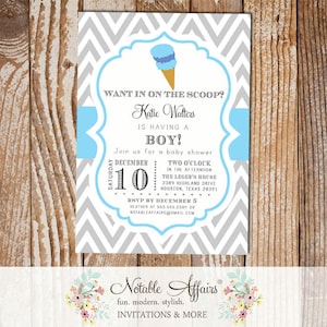 Chevron Gray and Ice Blue Ice Cream Cone Dessert Birthday Party Baby Shower Modern Invitation - choose colors
