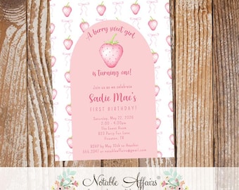 Watercolor Allover Strawberry Bows Arch Pink one berry sweet birthday party invitation - 1st first birthday invite - no color changes