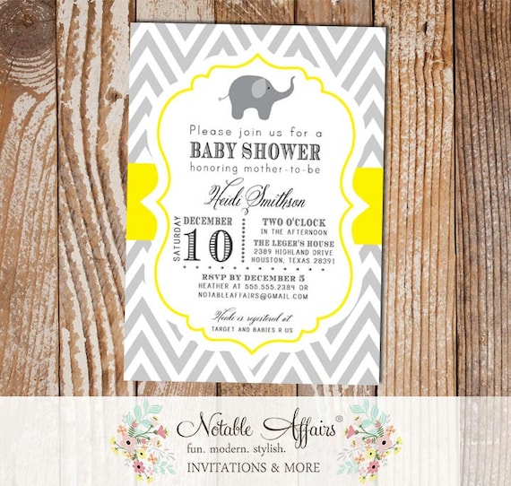 Gray and Yellow Chevron Elephant Baby Shower Invitation - colors can be changed - gender neutral baby shower Il_570xn