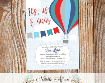 Navy Blue Red Blue Gray Hot Air Balloon Birthday invitation on blue linen - Up up and away birthday or baby shower invitation