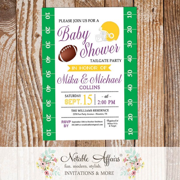 Football Tailgate Baby Shower Football Field Invitation - Deep Yellow Dark Purple Invite- choose 2 colors - Football Baby Shower