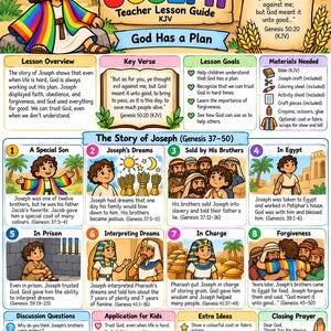 May include: A multi-section educational lesson guide titled The Story of Joseph Teacher Lesson Guide KJV God Has a Plan. It features colorful cartoon illustrations of Joseph, his brothers, and scenes from Egypt, alongside text summaries, goals, and questions.