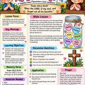 以下が含まれることがあります： Counting My Blessingsと題されたカラフルな教育用ポスター。子供たちのイラスト、祝福を表すハートで満たされた瓶、木製の十字架が描かれています。テキストには詩篇103:2、レッスンの目的、ディスカッションの質問、祈りが含まれています。