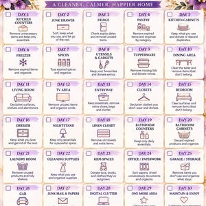 May include: A 30-day declutter challenge chart featuring a purple and gold floral border. The document includes a grid of thirty daily tasks with icons, text instructions, and checkboxes, plus sections for challenge goals, notes, and rewards.