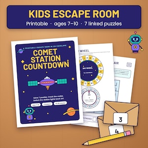 May include: A printable kids escape room kit titled Comet Station Countdown featuring a dark blue cover with a space station graphic, a robot, and a planet. The set includes puzzle sheets with a decoder wheel, instruction pages, and numbered envelopes.