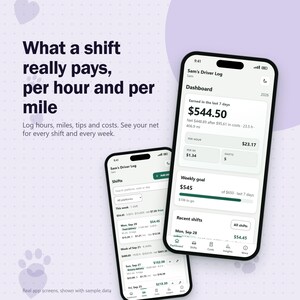 Può includere: Due smartphone che mostrano l'interfaccia dell'app Sam's Driver Log. Gli schermi visualizzano una dashboard con guadagni di 544,50 $, tariffe orarie, chilometraggio e un elenco di turni recenti. Il testo recita: What a shift really pays, per hour.