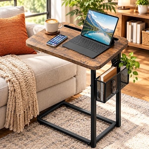 May include: A C-shaped side table with a rustic brown wood-grain top and a black metal frame. The table features a side-mounted black mesh storage basket containing a book and glasses, and a top surface holding a tablet, phone, and mug.