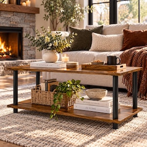 May include: A rectangular coffee table with two tiers, featuring a dark wood grain finish on the shelves and four black cylindrical metal legs. The table holds books, a woven basket with a green plant, a ceramic bowl, and a wooden tray.