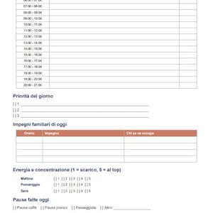 Puede incluir: Una hoja de planificador diario en italiano titulada LUNEDI con una línea de fecha, una cuadrícula horaria de 6:00 a 21:00, secciones para prioridades diarias, compromisos familiares, seguimiento de energía y notas de reflexión nocturna.