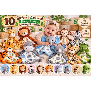 Puede incluir: Una colección de 10 patrones de costura para doudous de animales de safari, incluyendo jirafa, león, mono, cebra, tigre, hipopótamo, elefante, rinoceronte, leopardo y cocodrilo. La imagen incluye el texto 10 Safari Animal Baby Lovey Sewing Patterns y PDF Sewing Patterns Instant Download.