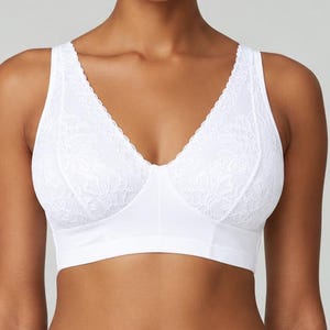 May include: A white bra and matching panty set. The bra features a V-neckline with lace detailing on the cups and a wide underband. The panty is a solid white brief style with a smooth finish, providing a clean and simple look for daily wear.