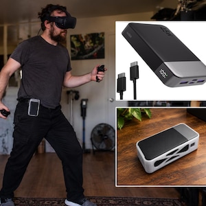 May include: A black and silver portable power bank with 45W printed on the top, a digital display showing 100 percent, and multiple USB ports. The device is shown with a charging cable and in a white protective case with cutouts.
