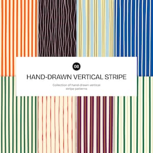 May include: A collection of eight hand-drawn vertical stripe patterns in various colors including orange, dark brown, yellow, blue, green, red, and purple. A central white rectangular label displays the text 08 HAND-DRAWN VERTICAL STRIPE.