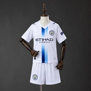 May include: A white Manchester City football kit comprising a jersey and shorts, featuring a vertical blue gradient stripe down the centre of the shirt. The jersey displays the Etihad Airways logo, the Manchester City crest, and Puma branding on the sleeves.